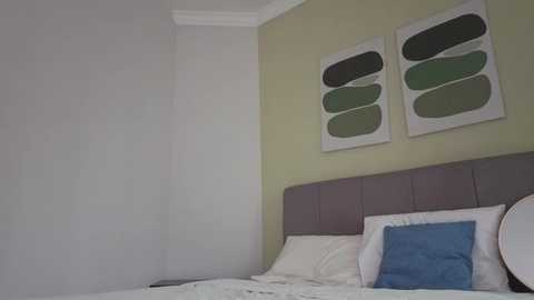 Video of a minimalist bedroom with a grey upholstered headboard, white bed, two abstract paintings on a pale green wall, and a blue pillow.