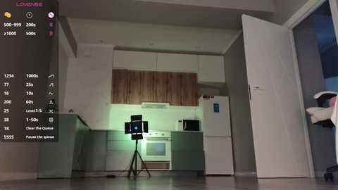 Video of a modern, minimalist kitchen with white cabinets, a wooden backsplash, and a green light on a tripod. A person wearing a hat and jacket stands in the doorway.