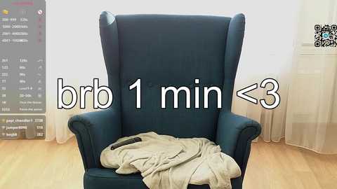 A video of a dark teal armchair with a beige blanket draped over the backrest. Text overlays indicate \"1 min\" and \"3 min\" on the chair. Background includes a white wall, wooden floor, and a black and white TV screen displaying text.