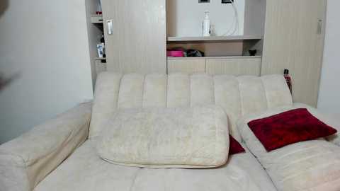 Video of a modern, light-colored living room with a plush beige sectional sofa, two red cushions, light wooden cabinets, and a white wall.