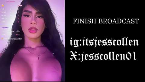 Video of a woman with long black hair, wearing heavy makeup, and a revealing top. Text reads \"Final Broadcast\" and \"ig_isesscolen_K_je_stollen_01\" in white font.