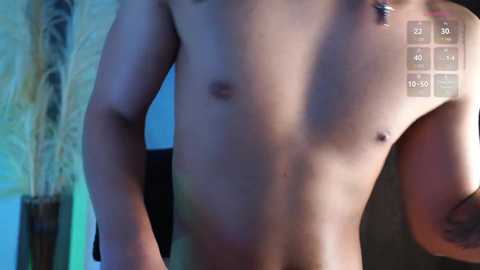 Video of a shirtless male with a slender physique, light skin tone, and a small nipple piercing. Background includes a potted plant and a blue wall, with an augmented reality overlay displaying health metrics.