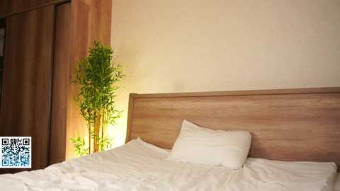 A video of a simple, well-lit bedroom featuring a wooden headboard, white bed linens, a potted bamboo plant, and a QR code in the lower left corner.