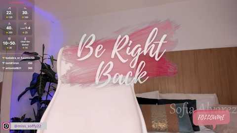 Video of a plush, white sofa with a pink throw pillow, a green plant, and a wooden wall. Text overlay reads \"Be Right Back\" in cursive.