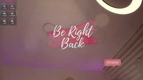 Video of a modern room with a pink brushstroke wall background and a circular light fixture. Text reads \"Be Right Back\" in white cursive.