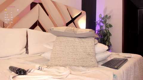 A video of a modern bedroom with a geometric, wooden headboard, white bedding, a gray pillow, and a TV remote on the bed. A potted plant adds greenery in the corner.