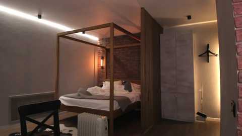 Video of a modern, minimalist bedroom with a wooden canopy bed, white bedding, and a cowhide rug. Warm lighting, exposed brick wall, and a hanging coat rack.