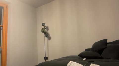 Media: A video of a minimalist, modern bedroom with a beige wall, black bed, dark pillows, a black floor lamp, and a wooden-framed window on the left.