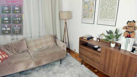 A video of a cozy living room featuring a beige couch, wooden sideboard, potted plants, a tall floor lamp, and two framed botanical prints.