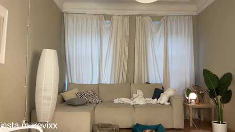 Video of a cozy, light-filled living room with beige sectional, white curtains, and a tall white lamp.