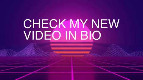 A digital CGI image featuring a retro-futuristic, neon-lit landscape with a glowing, vertical sunburst. Text in bold white font reads \"CHECK MY NEW VIDEO IN BIO\" against a purple gradient background.