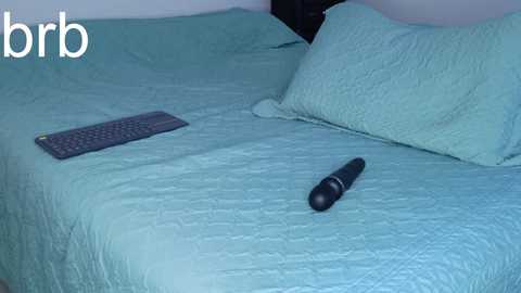 A video of a neatly made bed with a light blue quilted bedspread and two matching pillows. A black remote control lies on the bed, and a black keyboard is placed on the left side. The background is a plain wall with a \"bbr\" watermark in the top left corner.