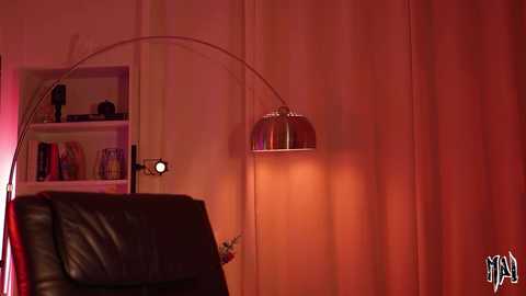 Media: Video of a cozy room with a sleek, curved, chrome floor lamp casting a warm, red-orange glow on beige walls and a black leather couch.