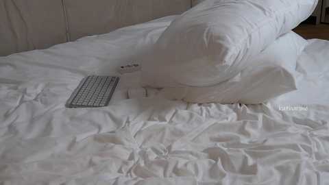 Video of a neatly made bed with a white duvet and pillows, featuring a silver keyboard placed on the pillow and a remote control on the bed, set against a beige headboard.