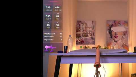 Video of a modern living room with a white table, abstract art, a glass, and a vase, illuminated by ambient light.