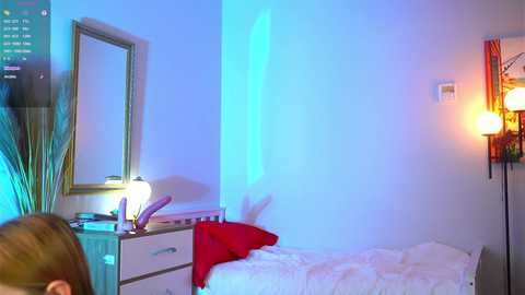 Video of a small, neatly made bed with white linens, against a white wall. A white dresser with a mirror, a lamp, and a red shirt are visible. A tall, green plant in the corner adds a touch of nature.