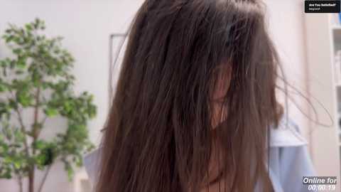 Video of a person with long, wet, dark brown hair, looking down, in a bathroom with a green plant and white walls.