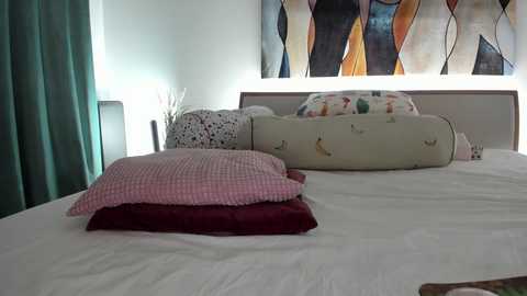 Video of a neatly made bed with a white duvet, featuring a pink checkered pillow, a beige pillow with animal print, and a red pillow. The background includes a modern abstract painting and teal curtains.