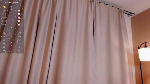 A video of a beige curtain with a slight pleat, partially drawn to reveal a cozy room with a warm, beige wall and a modern, white floor lamp.