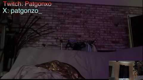 A dimly-lit video shows a bedroom with a white bed covered in a gold and white sheet, a brick wall backdrop, and a Twitter watermark.