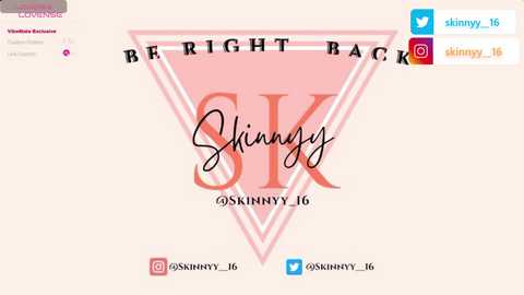 This image is a digital graphic design promoting a \"Skinny Bikini\" event. The background is a soft beige, with a pink triangle shape overlaid. Text reads \"RIGHT BACK SKINNY\" in bold, uppercase letters, with \"SKINNY\" in cursive. Social media icons are in the top right.