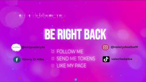 Video of a vibrant purple background with a \"BE RIGHT BACK\" text in bold white letters. Social media icons for Twitter, Facebook, Instagram, and YouTube are displayed on the left side.