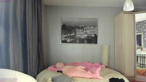 Video of a baby sleeping on a bed in a light gray room with a black-and-white cityscape print on the wall, pink and white blankets, and a white lamp.