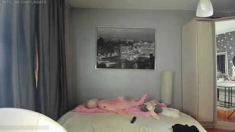 Video of a cozy, lived-in bedroom with a large, plush, pink shark toy on a bed covered in a white duvet. A black-and-white framed photo of a cityscape hangs on a gray wall, and a white lamp stands next to a tall wardrobe.