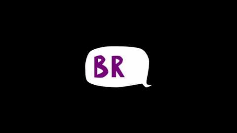 Media: A minimalist digital image featuring a white speech bubble with bold, purple, uppercase letters \"BR\" against a solid black background. The text is centered, and the bubble has a slight curve at the bottom right.