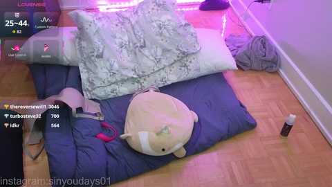 Media: A video of a messy bedroom with a plush whale toy on a blue quilt, surrounded by clothes and a light-up strip.
