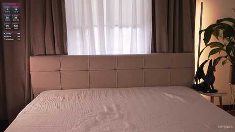 Video of a modern bedroom with a beige, tufted headboard, white bedsheet, and a potted plant on a nightstand. A window with sheer white curtains and dark brown drapes is in the background.