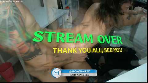 A video of a muscular, tattooed man with long hair, naked, leaning over a woman in a bathtub. Text reads \"STREAM OVER\" and \"THANK YOU ALL, SEE YOU ONLY FANS FREE.\