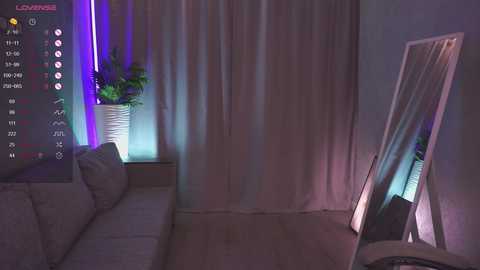 Video of a dimly lit living room with a grey sofa, a potted plant, and a floor-length mirror reflecting ambient light, with a digital display showing \"LIVE\" and \"CAMERA\" in the top left corner.