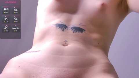 Video of a light-skinned, nude person with a flat stomach, black eyelash tattoo on chest, and a navel piercing, against a plain background.