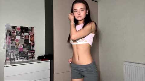 Video of a slender, young, light-skinned woman with long brown hair, wearing a pink crop top and gray shorts, posing in a minimalistic bedroom with a collage on the wall and a white dresser.