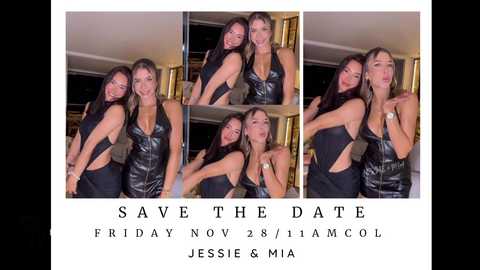 Video collage of three women in black leather outfits, captioned \"SAVE THE DATE Friday Nov 25th 7.30pm Jess & Mia,\" indoor setting, dim lighting.