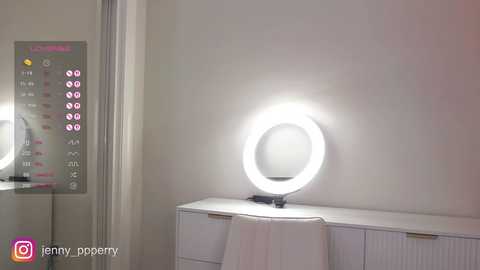 A modern, minimalist bathroom with a white vanity, a round, bright mirror, and a pink Instagram logo.