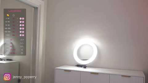 Video of a modern, minimalist makeup vanity with a large, round, white lightbulb ring light on a white cabinet, against a plain white wall. Jenny_Poosry watermark.
