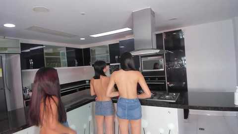 Video of a modern kitchen with two topless women in denim shorts, preparing food at the counter. The kitchen features sleek black and white countertops and stainless steel appliances.