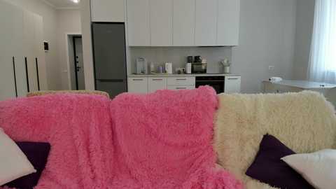 Video of a modern, minimalist kitchen with white cabinets, stainless steel appliances, and a pink, fluffy blanket draped over a beige couch in the foreground.