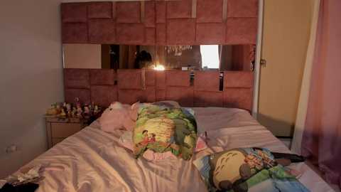 Video of a cozy, pink-themed bedroom with a plush headboard, a bed covered in colorful bedding, a nightstand filled with dolls, and a partially open door.