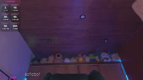 Media: Video of a dimly lit bedroom ceiling with a wooden texture, featuring a plush toy collection on a shelf below.