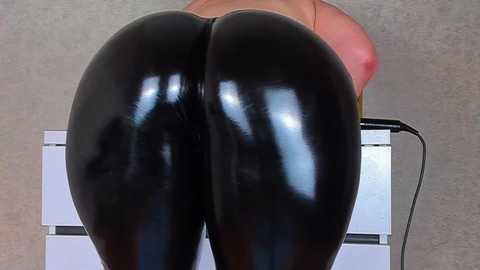Video of a person's lower body in tight, glossy black latex pants, highlighting their large, round buttocks. Background features a beige wall and a white storage unit.