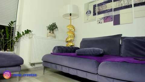 Video of a modern living room with a purple couch, a gold lamp, potted plants, and abstract art on white walls.