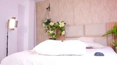 Video of a modern bedroom with a white bed, fluffy pillows, and a beige textured wall. A large, vibrant floral arrangement hangs above the bed, and a sleek white floor lamp stands in the corner.