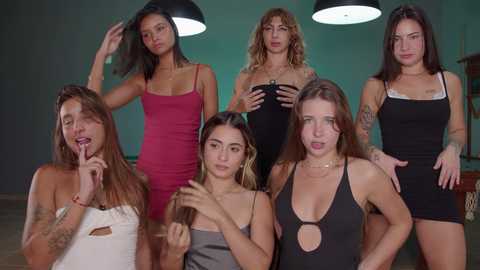 Video of six women with diverse skin tones and body types, dressed in revealing, tight clothing, posing confidently in a dimly lit room with green walls and hanging black lamps.