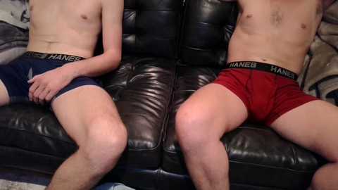 Video of two shirtless young men, one with fair skin and dark hair, wearing navy blue Hanes briefs, the other with red briefs, sitting on a black leather couch.