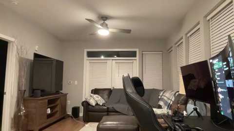 Video of a modern, cozy living room with a dark brown leather couch, a flat-screen TV on the right, a wooden entertainment center, and white blinds covering the windows.