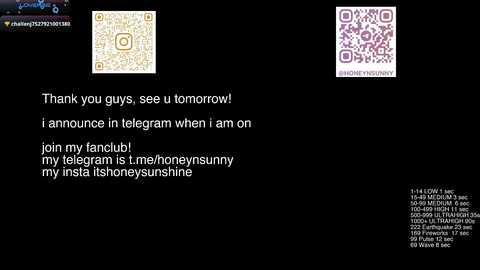 A digital collage with a black background, featuring a QR code and text announcing a Telegram channel, \"join my fanclub @monneysunny my telegram is 1:1 me@toshoneyssunshine.\