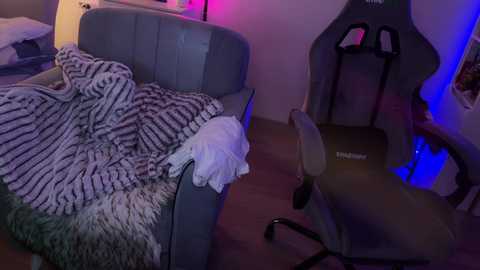 A video of a messy bedroom with a grey, zebra-patterned blanket on a bed, a gaming chair, and neon lights.